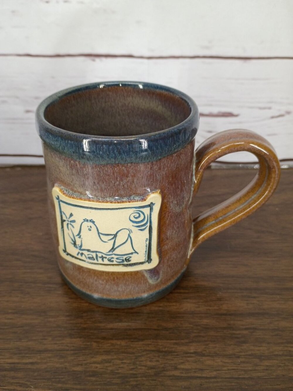 Deneen Pottery Maltese Dog Ceramic Mug Drip Glaze 12 Oz Vintage Handmade